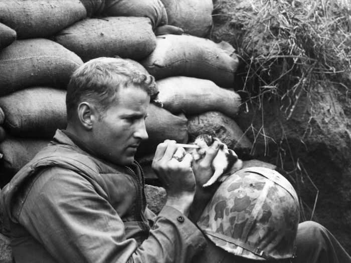 A US Marine feeds a kitten after a heavy mortar barrage near Bunker Hill during the Korean War.