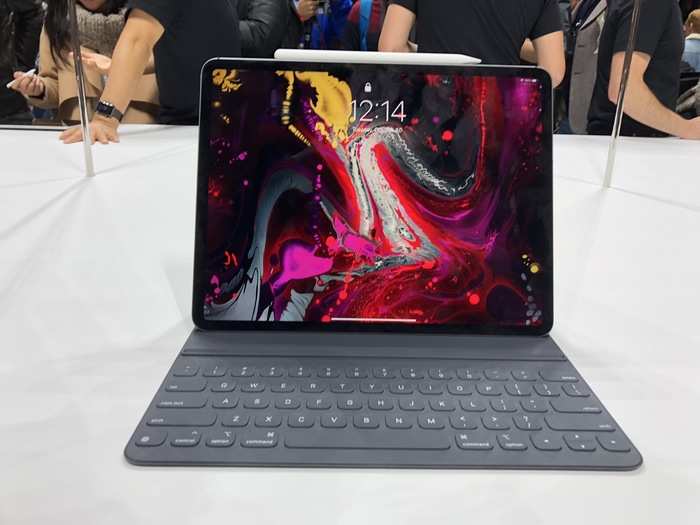 The typing experience is much improved, too. After about a minute of typing on the keyboard, I think it might actually be better than the MacBook. The keys travel and land with a satisfying thud. In this orientation, the iPad Pro stands nearly vertical, like a laptop.