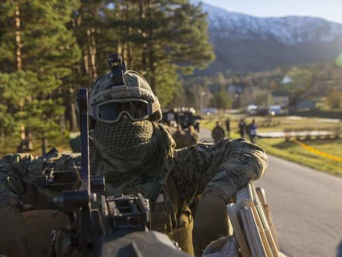 Lance Cpl. Anthony Cardella prepares for a convoy during Trident Juncture 18, Oct. 29, 2018. Marines and equipment with the 24th Marine Expeditionary Unit were rapidly projected ashore from USS Iwo Jima (LHD 7) during an amphibious landing.