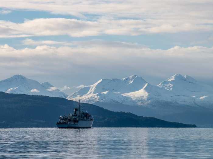 Royal Navy mine hunter HMS Cattistock conducts mine countermeasures operations in a Norwegian fjord near Molde, Norway October 27, 2018.