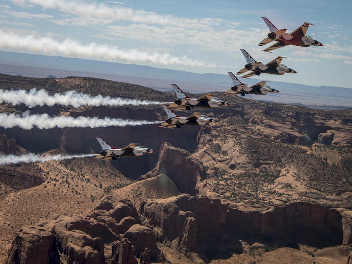 The squadron flies F-16Cs and F-16Ds with unique red, white and blue paint jobs.