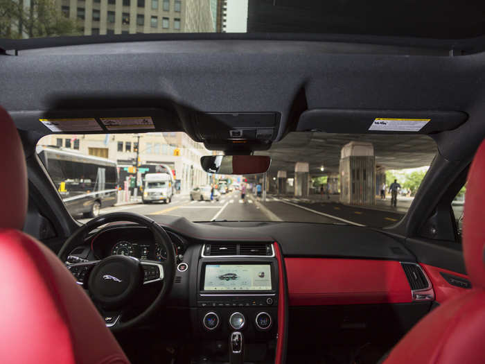 The panoramic moon roof is actually an included, no-cost option for E-Paces at our the trim level of our tester.