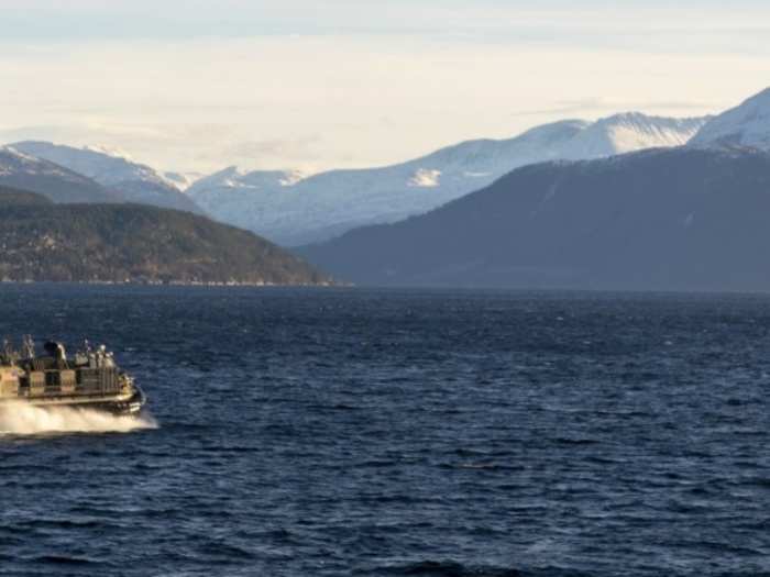 The landing craft air cushion transits the Norwegian Sea. The LCAC hovercraft can maneuver at speeds up to 40 knots and carry loads the size of an M-1 Abrams tank.