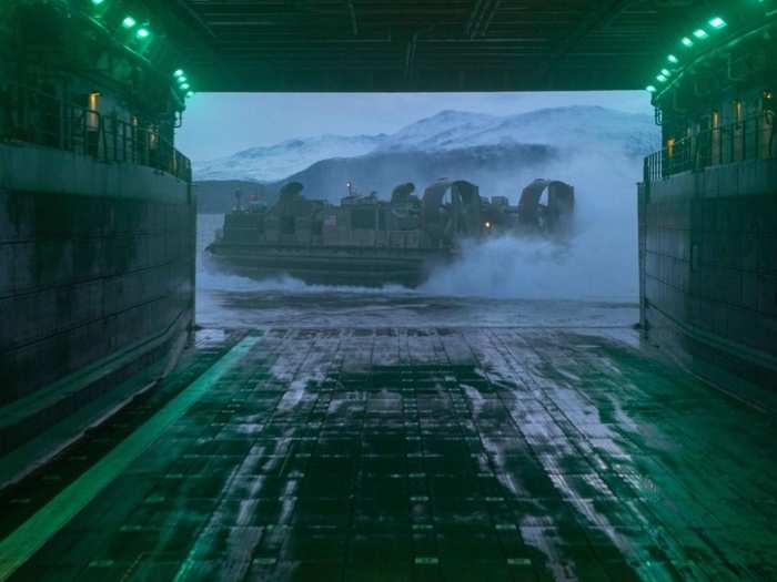 The landing craft air cushion turns to start its approach toward the beach.