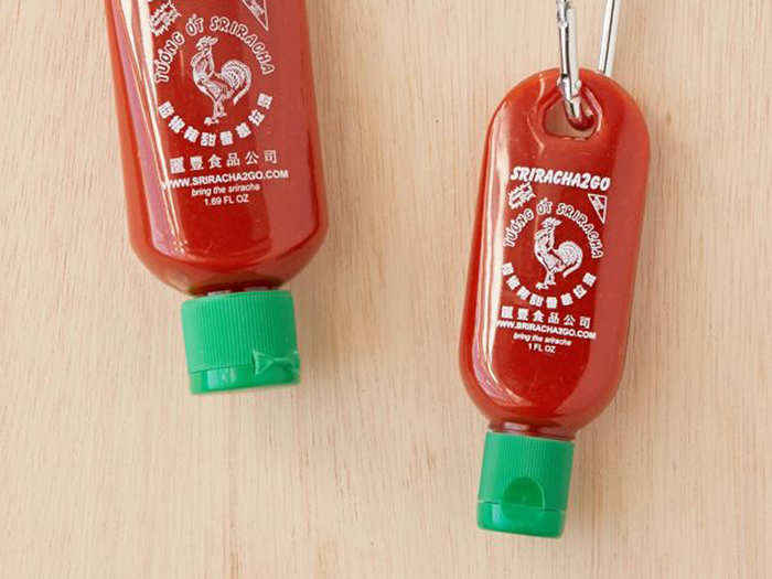 A to-go sriracha sauce keychain for the hot sauce fiend of the office