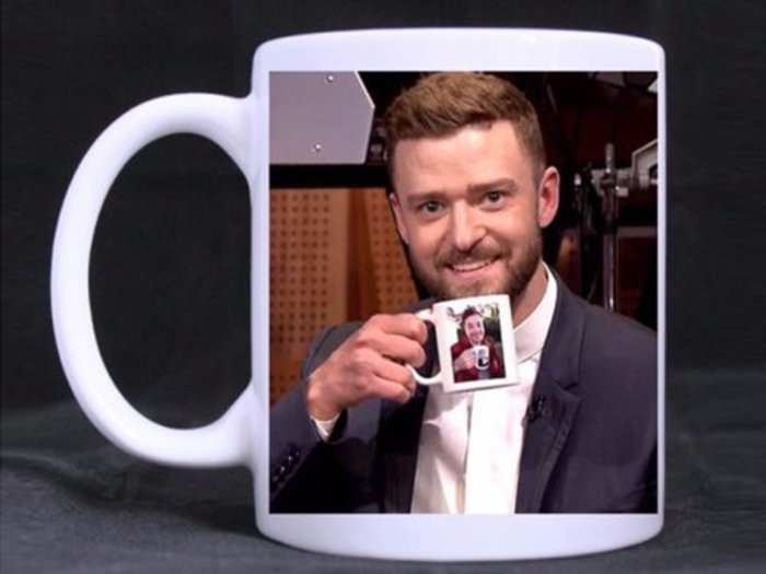 A Justin Timberlake and Jimmy Fallon mug layered over two other Justin Timberlake and Jimmy Fallon mugs