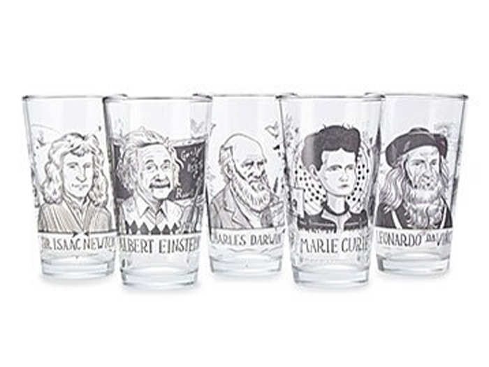 A set of "Drink Time Continuum" tumblers with prominent thinkers on them