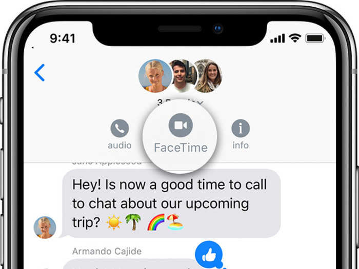 You can also launch a group call through any of your existing group conversation in Messages. Tapping the contacts at the top of a group chat will reveal the FaceTime icon to start you call.