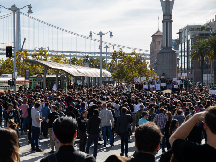 The Google employees had flooded the entire plaza.