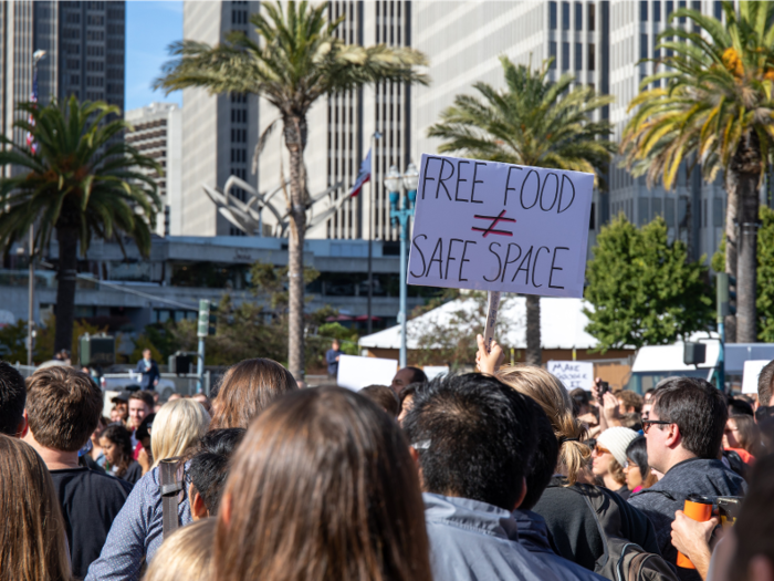 Organizers led the crowd in chants from a raised platform.