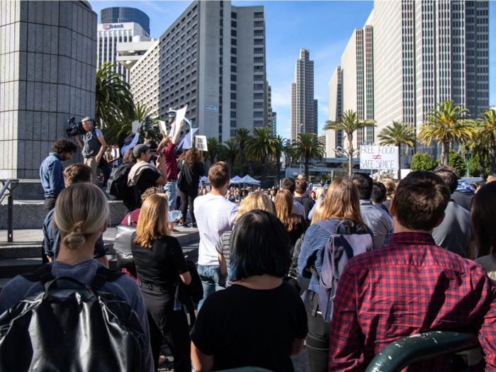 The plaza in front of the Ferry Building served as the official rallying point for protesters.