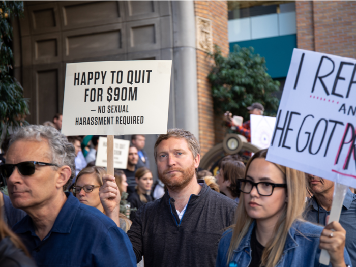 Many of the protestors carried signs referring to the $90 million severance package that the New York Times reported was paid out by Google to Android creator Andy Rubin following an investigation into allegations of his inappropriate behavior.