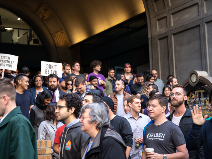 Soon after 11am, employees spilled out of the plaza area and onto the sidewalks.