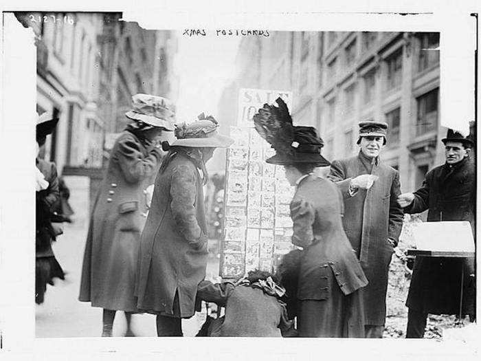 ... and vendors would set up shop, selling Christmas postcards for as little as one cent.