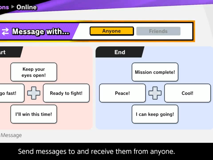 Players can assign short phrases to the directional pad to communicate during matches.