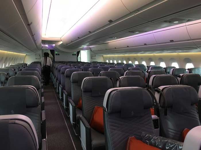 The rear 1/3 of the aircraft is the premium economy cabin. There are a total of 94 seats in this section of the plane organized in a 2-4-2 configuration.