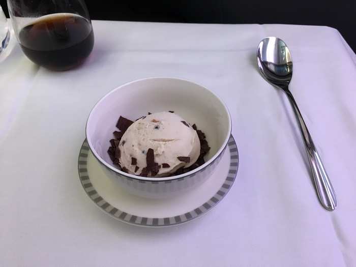 After the main course dessert was served. Here is a cherry ice cream with chocolate shavings.