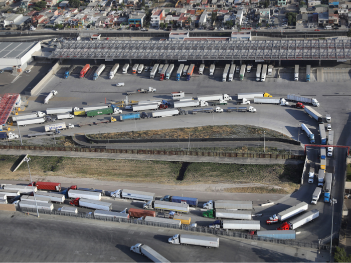 In one year, the US and Mexico trade more than $525 billion in goods. Truck drivers carry most of it. This is the line of trucks entering the Otay Mesa port, which connects San Diego and Mexico.