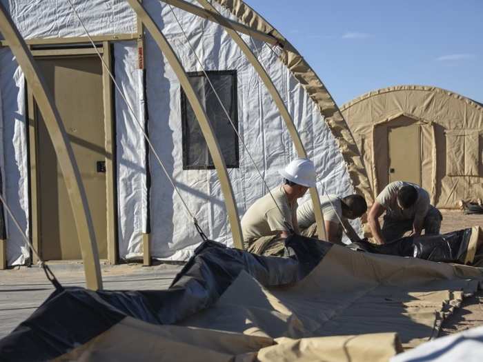 Airmen from the 355th Civil Engineering Squadron construct Air Force deployable airbase systems (DABS) at Davis-Monthan Air Force Base in Arizona on Nov. 1.