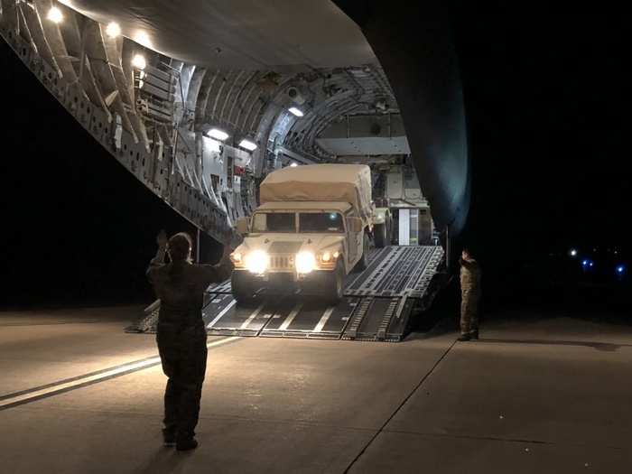 A C-17 Globemaster III carrying soldiers and equipment from the 63rd Expeditionary Signal Battalion, Fort Campbell, Kentucky, landed in southern Arizona on Oct. 31 in support of Operation Faithful Patriot.