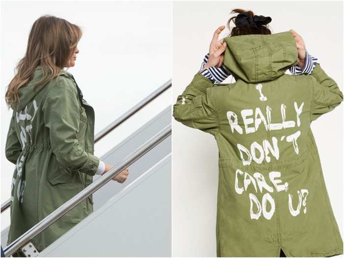 6. The look that sparked the most outrage was when Melania wore a jacket from Zara that said "I really don