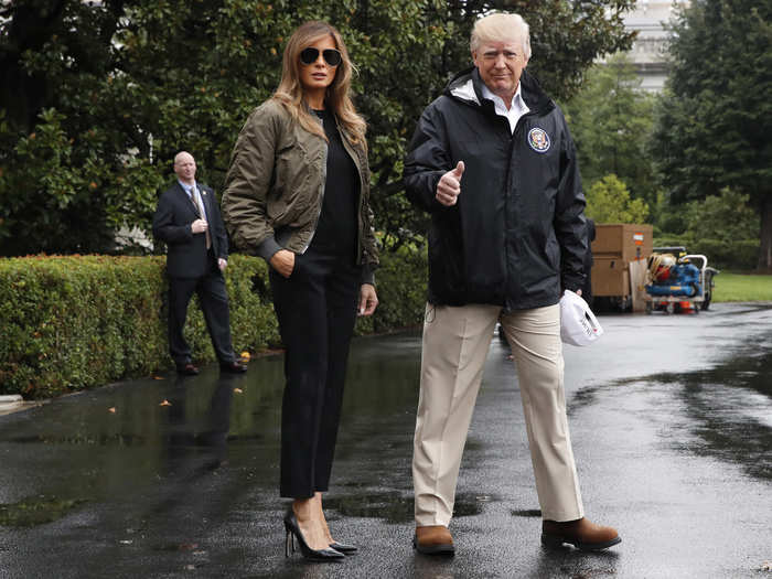 3. Pictured walking to Marine One before taking off for Texas in August 2017, Trump