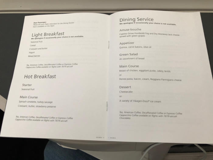 ...And given menus for the flight. Because it was daytime, we had the regular meal service.