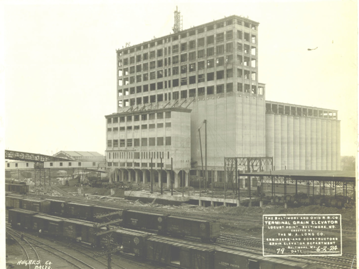 The Baltimore and Ohio Railroad grain elevator, constructed in 1923, was the world