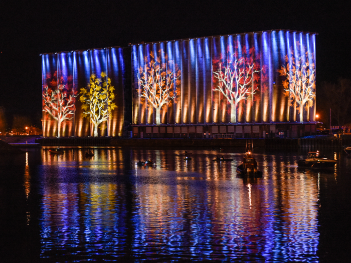 Part of the complex lights up with various displays throughout the year.