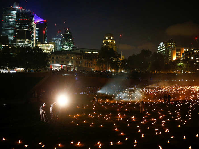 The torches burn for about four hours before running out fuel. They will be refilled ahead of each subsequent lighting.