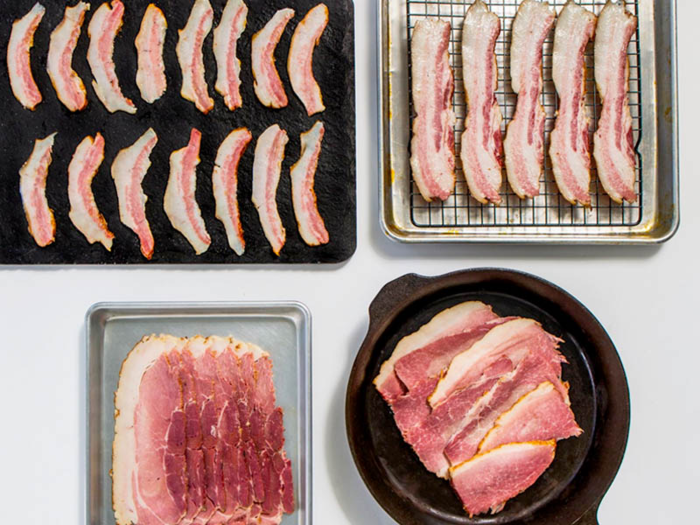 A box of four different types of bacon