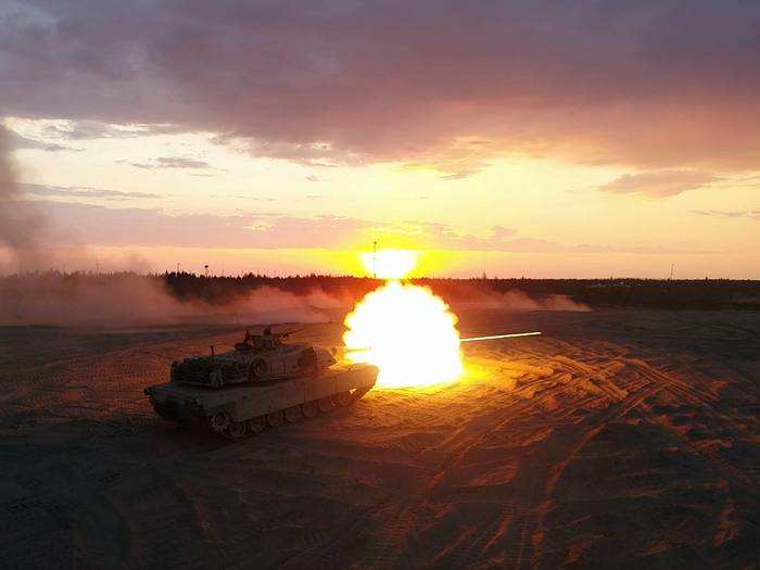 Marines with Bravo Company, 4th Tanks Battalion fire a M1A1 Abrams tank during a low-light live-fire exercise as part of Exercise Arrow 18 in Pohjankangas Training Area near Kankaanpaa, Finland on May 16, 2018.