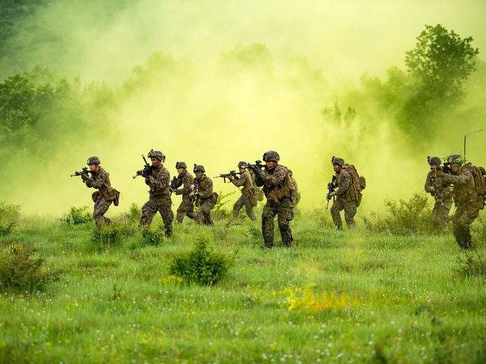 Marines with Black Sea Rotational Force 18.1 advance to their objective during a patrol exercise at U.S. Army Base Nova Selo Forward Operating Site, Bulgaria.