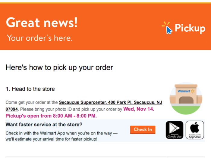 But on November 7, I got an email that my order was ready for pickup, and that I had seven days to go get it. It was a longer window than I would get with the Amazon Locker later.