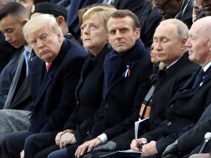 At an Armistice commemoration ceremony Sunday, their cordial appearance from the day before splintered in the presence of Russian leader Vladimir Putin.