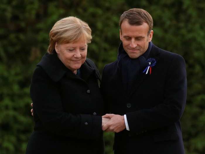 Macron and German Chancellor Angela Merkel put on a close appearance at a historic site later that day. Trump canceled his trip to an American cemetery and stayed in Paris because of rain.