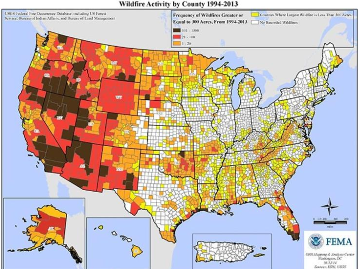 The number of US homes at risk of wildfires has gone up dramatically, from 30.8 million in 1990 to 43.4 million in 2010.