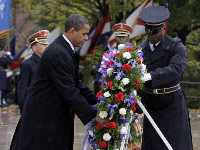 President Barack Obama at the Tomb of the Unknowns during a Veteran