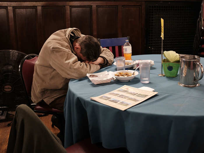 Some shelters provide temporary relief for the homeless with occasional sit-down dinners.