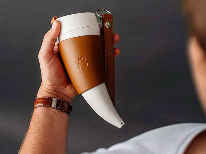 A horn-shaped mug that can still stand upright on a desk