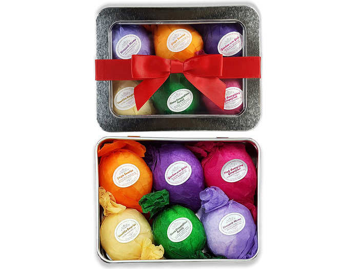 A gift set of six vegan bath bombs that smell like essential oils