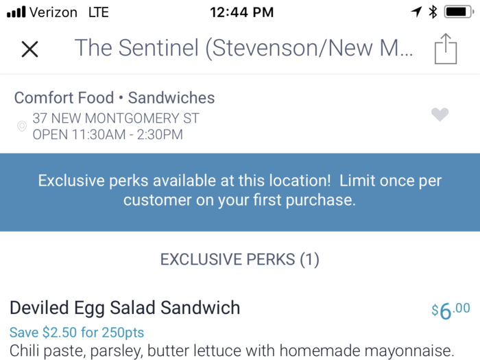 On Friday, I got a deviled egg sandwich from The Sentinel for only $6. I used 250 points to save $2.50.