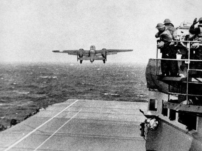 Sixteen B-25 Mitchell medium bombers took off from the deck of the USS Hornet on April 18, 1942 for an attack on Tokyo. The aircraft that took part in the "Doolittle Raid" conducted the first raid on the Japanese home islands.