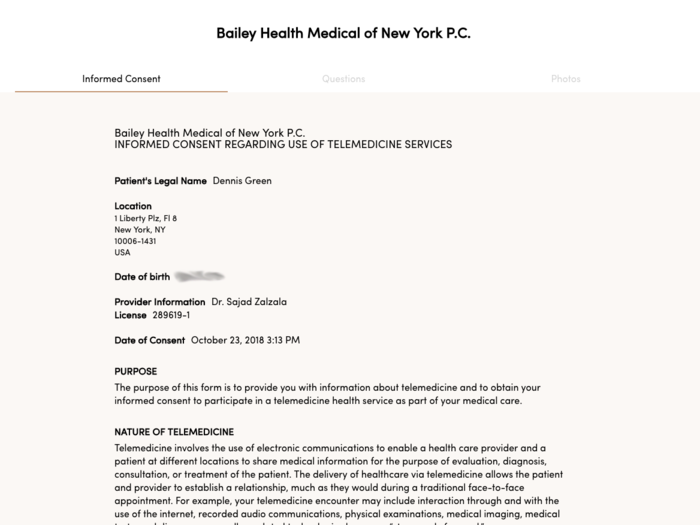 Then, there was a consent form to fill out, listing what we were getting ourselves into — notably, that we were having a telemedicine visit, which meant we wouldn