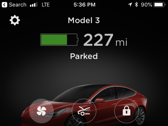 Typically, however, you rule the Model 3 with the app. Lock, unlock, trunk and frunk, climate control, status, charge level — and you never "start" the Model 3. When you climb in with your phone, it comes alive. Leave, and it shuts itself down.