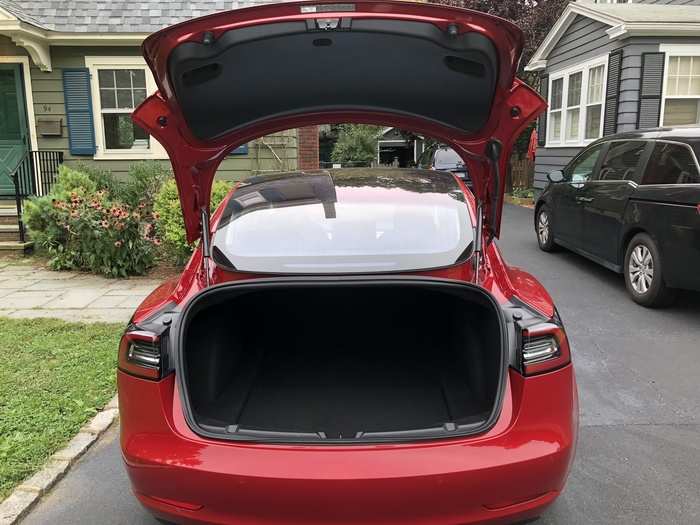 The Model 3 has plenty of trunk space — and an offbeat hatch design to enable that continuous glass roof.