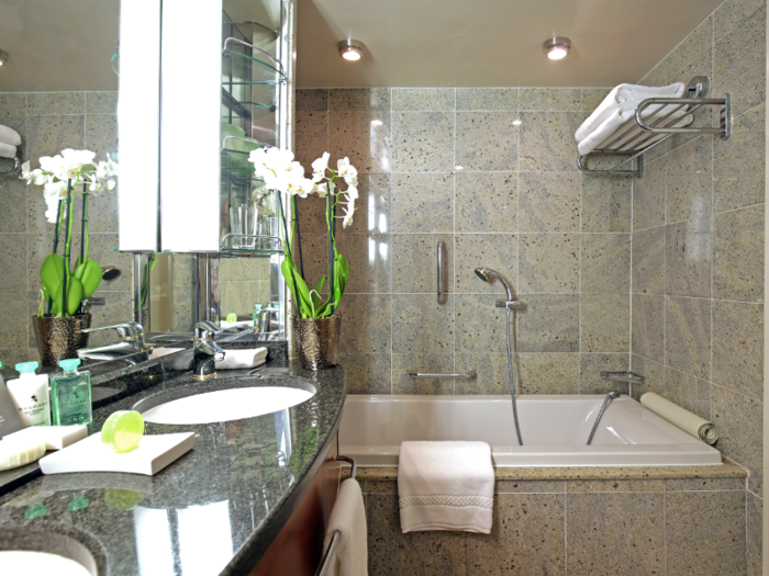 In the Veranda Suites, each room includes a marbled bathroom with a double vanity, separate shower, and full-sized bathtub.