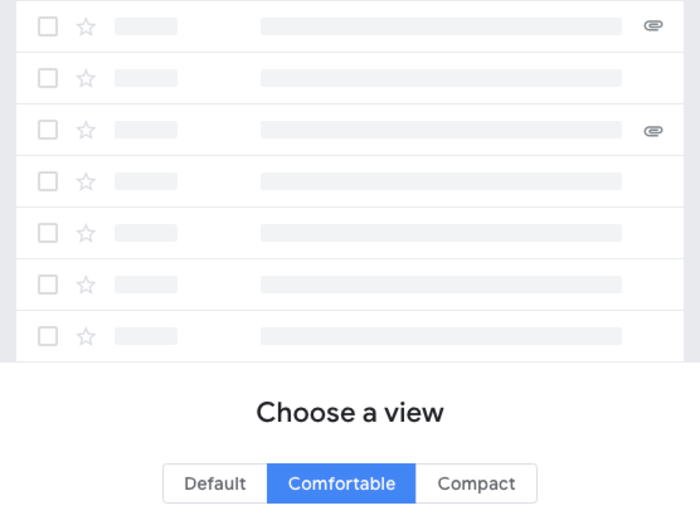 The "comfortable" view uses paperclips to signify an attachment in an email, rather than the icons.