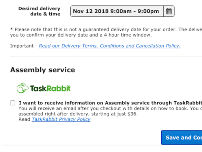 At the bottom of the screen was an option to learn more about assembly services through TaskRabbit, which IKEA acquired in 2017.