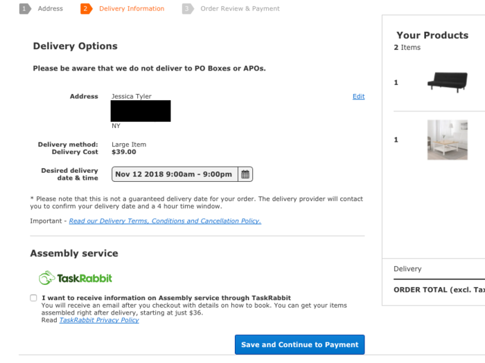 After selecting delivery, I was given a 12-hour delivery window for the date I picked, with a note that it would be shortened to a four-hour window closer to the delivery time.